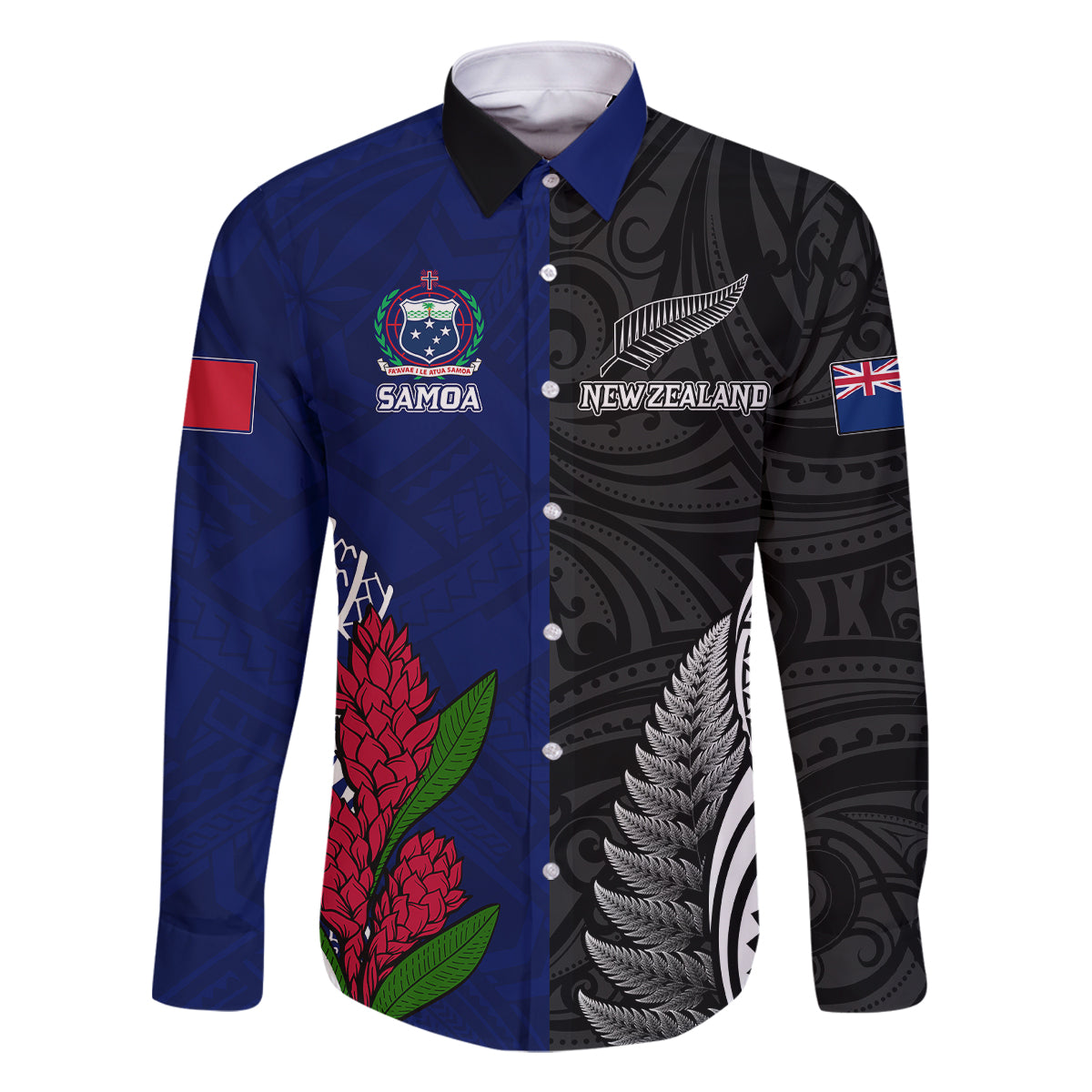 Personalised New Zealand Vs Samoa Rugby Family Matching Summer Maxi Dress and Hawaiian Shirt Go Champions LT7 Dad's Shirt - Long Sleeve Black Blue - Polynesian Pride