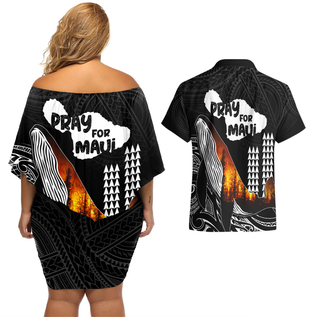 Hawaii Humpback Whale Couples Matching Off Shoulder Short Dress and Hawaiian Shirt Be Strong - Pray For Maui LT7 - Polynesian Pride