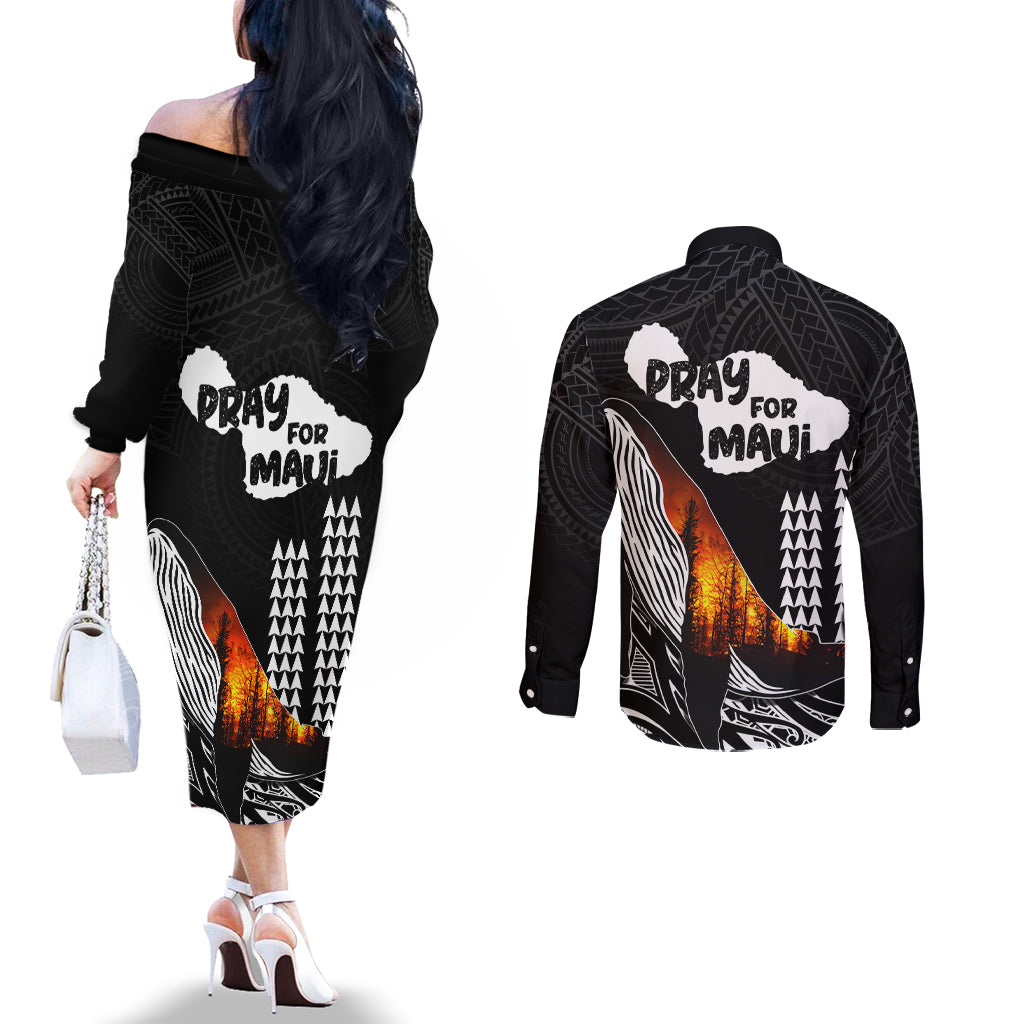 Hawaii Humpback Whale Couples Matching Off The Shoulder Long Sleeve Dress and Long Sleeve Button Shirts Be Strong - Pray For Maui LT7 - Polynesian Pride