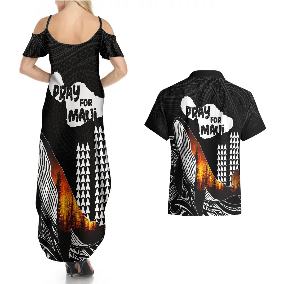 Hawaii Humpback Whale Couples Matching Summer Maxi Dress and Hawaiian Shirt Be Strong - Pray For Maui LT7 - Polynesian Pride