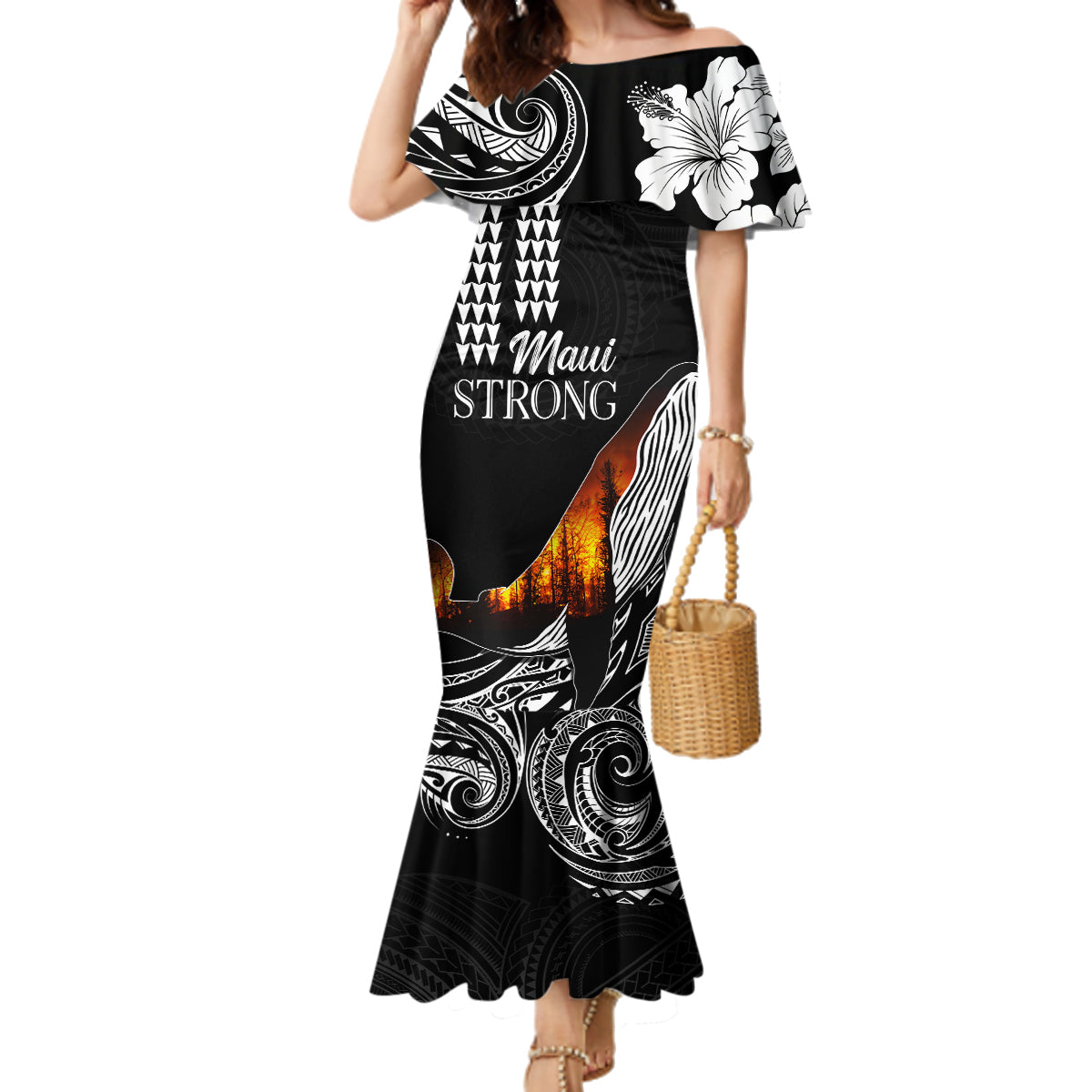 Hawaii Humpback Whale Family Matching Mermaid Dress and Hawaiian Shirt Be Strong - Pray For Maui LT7 Mom's Dress Black - Polynesian Pride