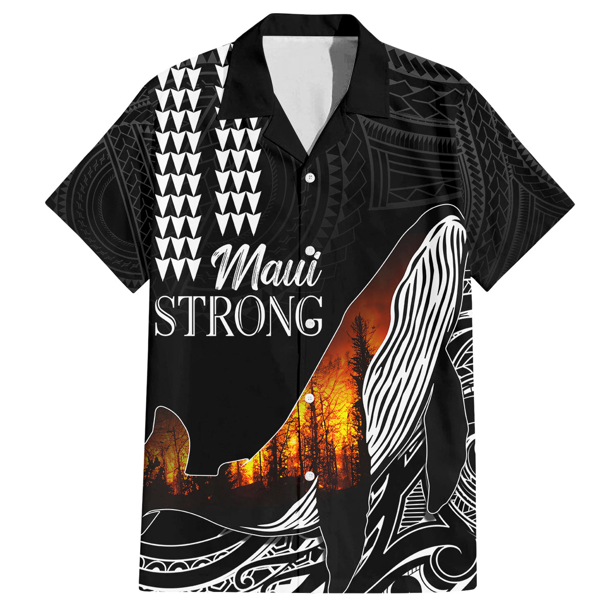 Hawaii Humpback Whale Family Matching Off Shoulder Long Sleeve Dress and Hawaiian Shirt Be Strong - Pray For Maui LT7 Dad's Shirt - Short Sleeve Black - Polynesian Pride