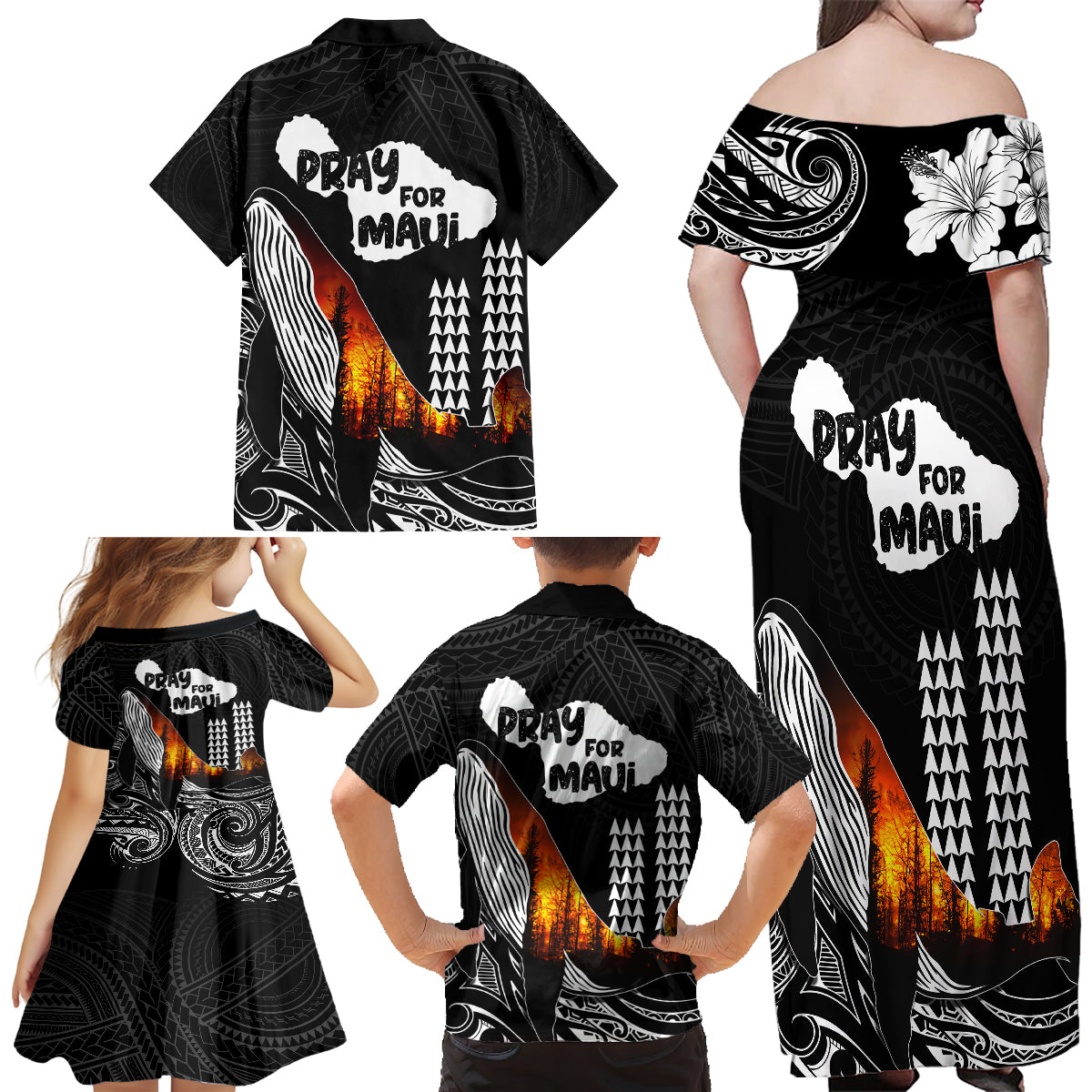 Hawaii Humpback Whale Family Matching Off Shoulder Maxi Dress and Hawaiian Shirt Be Strong - Pray For Maui LT7 - Polynesian Pride