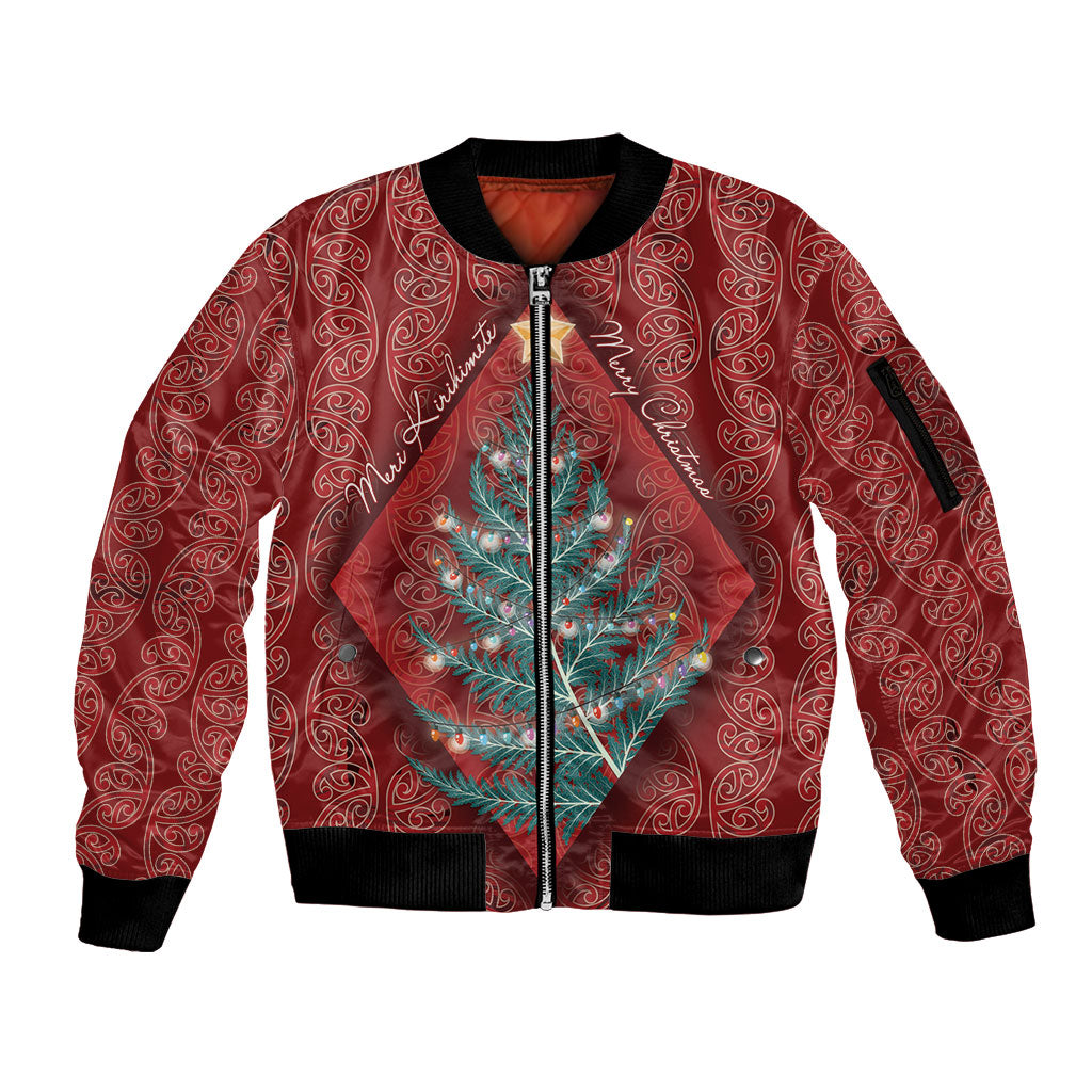 Aotearoa Maori Mangopare Meri Kirihimete Sleeve Zip Bomber Jacket Christmas Fern LT7 Unisex Red - Polynesian Pride