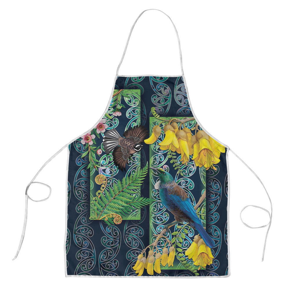 Aotearoa Maori Mangopare Christmas Apron Pikawakawa and Tui LT7 Dark Blue - Polynesian Pride