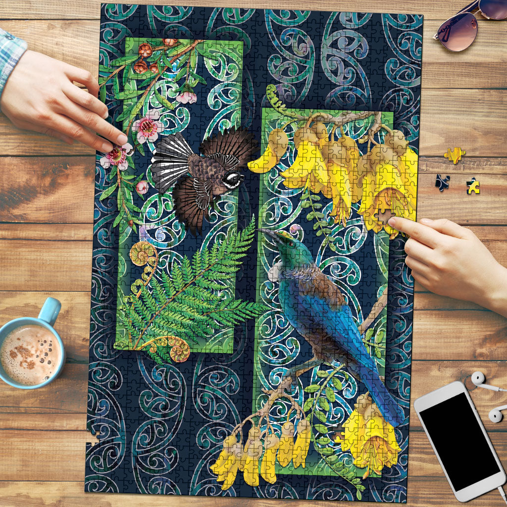 Aotearoa Maori Mangopare Christmas Puzzle Pikawakawa and Tui LT7 Dark Blue - Polynesian Pride