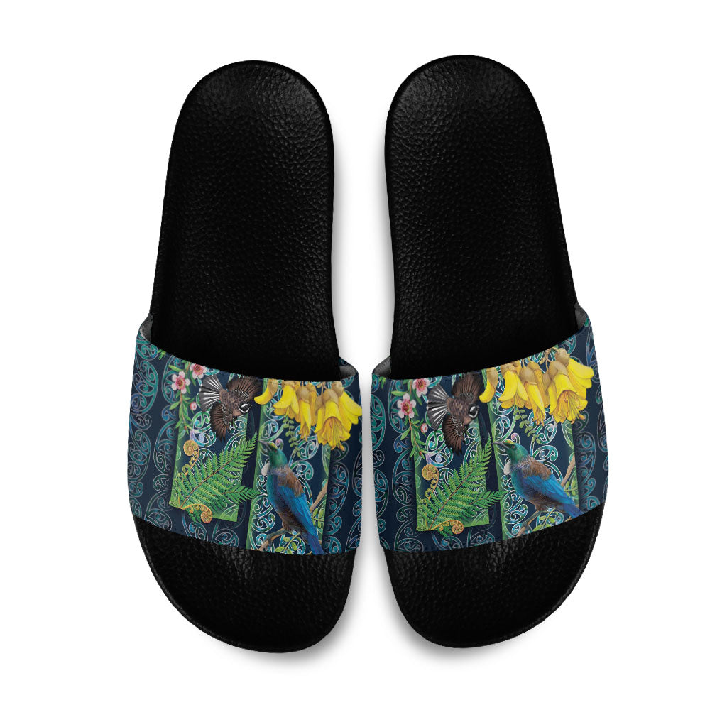 Aotearoa Maori Mangopare Christmas Slide Sandals Pikawakawa and Tui LT7 Dark Blue - Polynesian Pride