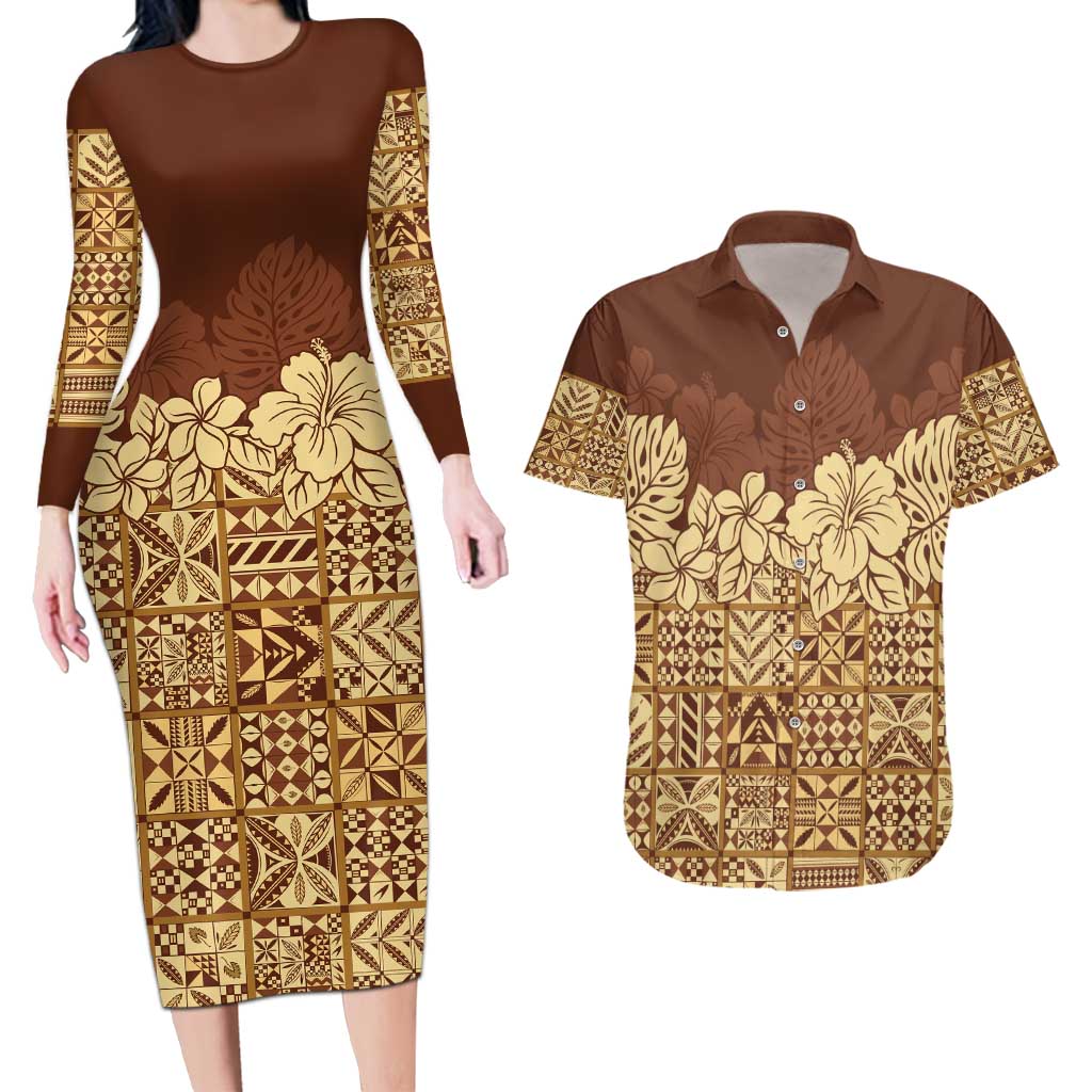 Niue Hiapo Motif Couples Matching Long Sleeve Bodycon Dress and Hawaiian Shirt Tapa Classic LT7 Beige - Polynesian Pride