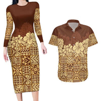 Niue Hiapo Motif Couples Matching Long Sleeve Bodycon Dress and Hawaiian Shirt Tapa Classic LT7 Beige - Polynesian Pride