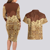 Niue Hiapo Motif Couples Matching Long Sleeve Bodycon Dress and Hawaiian Shirt Tapa Classic LT7 - Polynesian Pride