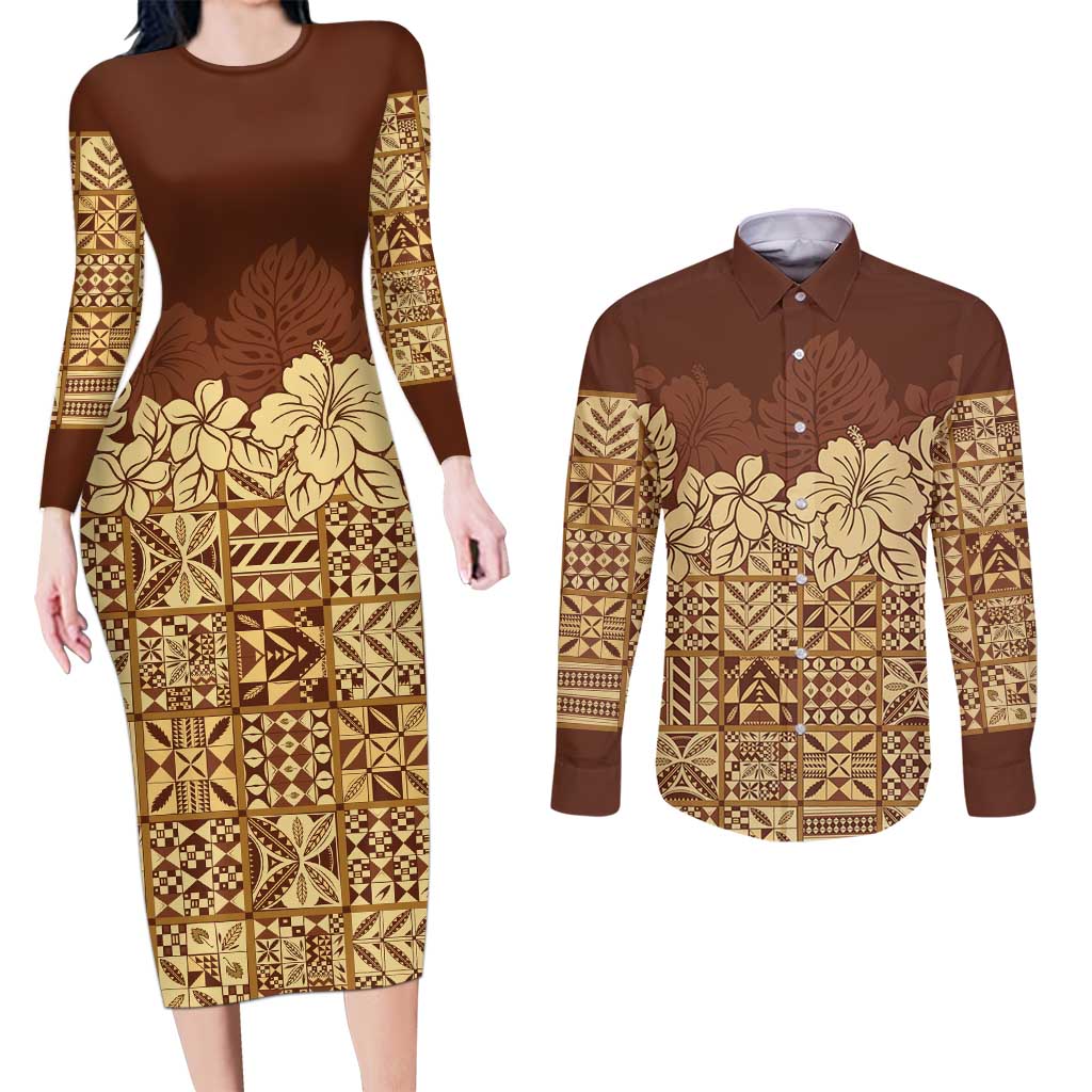 Niue Hiapo Motif Couples Matching Long Sleeve Bodycon Dress and Long Sleeve Button Shirt Tapa Classic LT7 Beige - Polynesian Pride