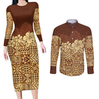 Niue Hiapo Motif Couples Matching Long Sleeve Bodycon Dress and Long Sleeve Button Shirt Tapa Classic LT7 Beige - Polynesian Pride