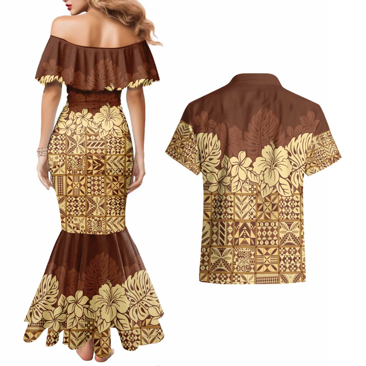 Niue Hiapo Motif Couples Matching Mermaid Dress and Hawaiian Shirt Tapa Classic LT7 - Polynesian Pride