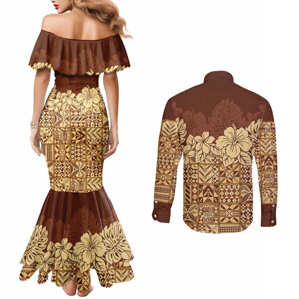 Niue Hiapo Motif Couples Matching Mermaid Dress and Long Sleeve Button Shirt Tapa Classic LT7 - Polynesian Pride