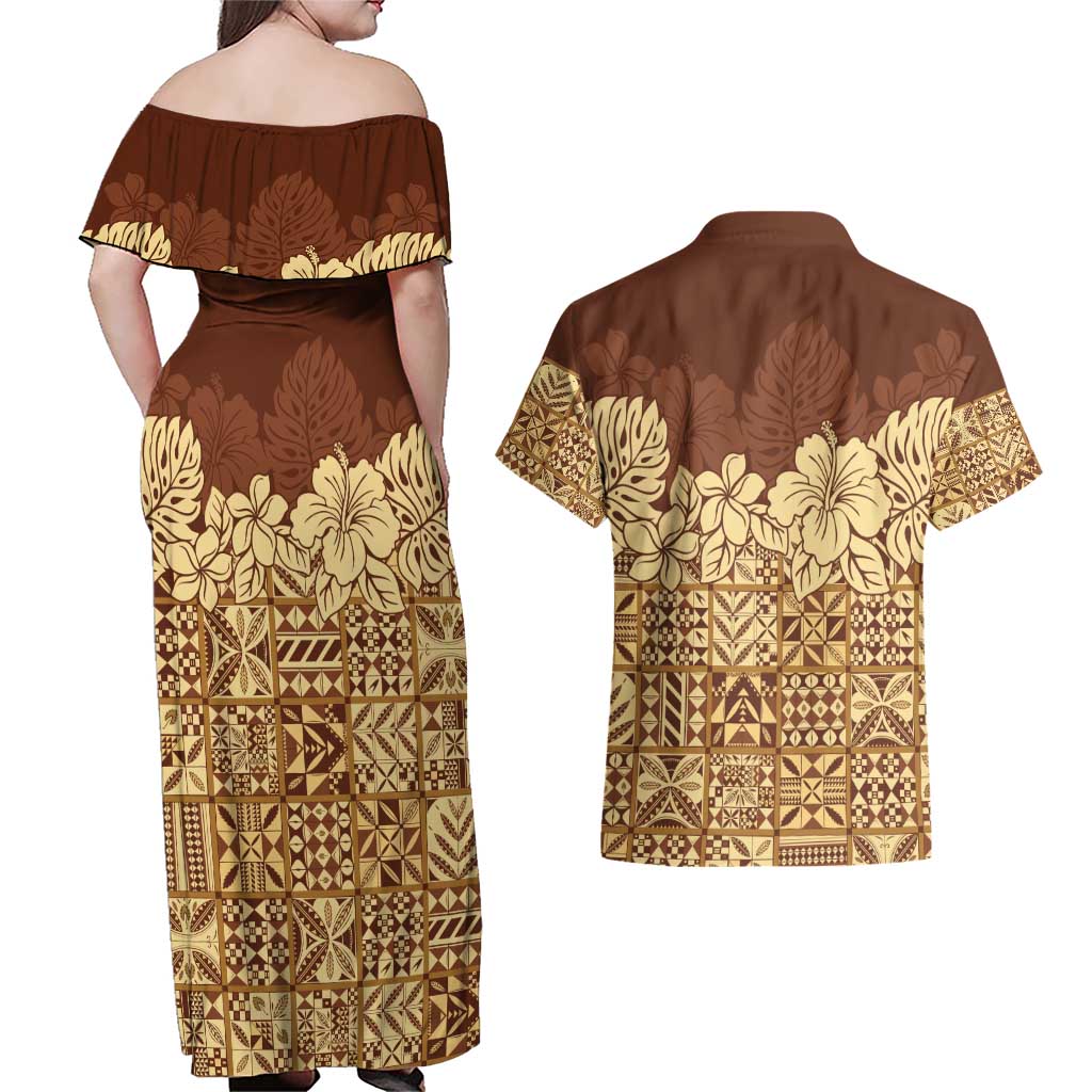 Niue Hiapo Motif Couples Matching Off Shoulder Maxi Dress and Hawaiian Shirt Tapa Classic LT7 - Polynesian Pride