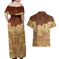 Niue Hiapo Motif Couples Matching Off Shoulder Maxi Dress and Hawaiian Shirt Tapa Classic LT7 - Polynesian Pride