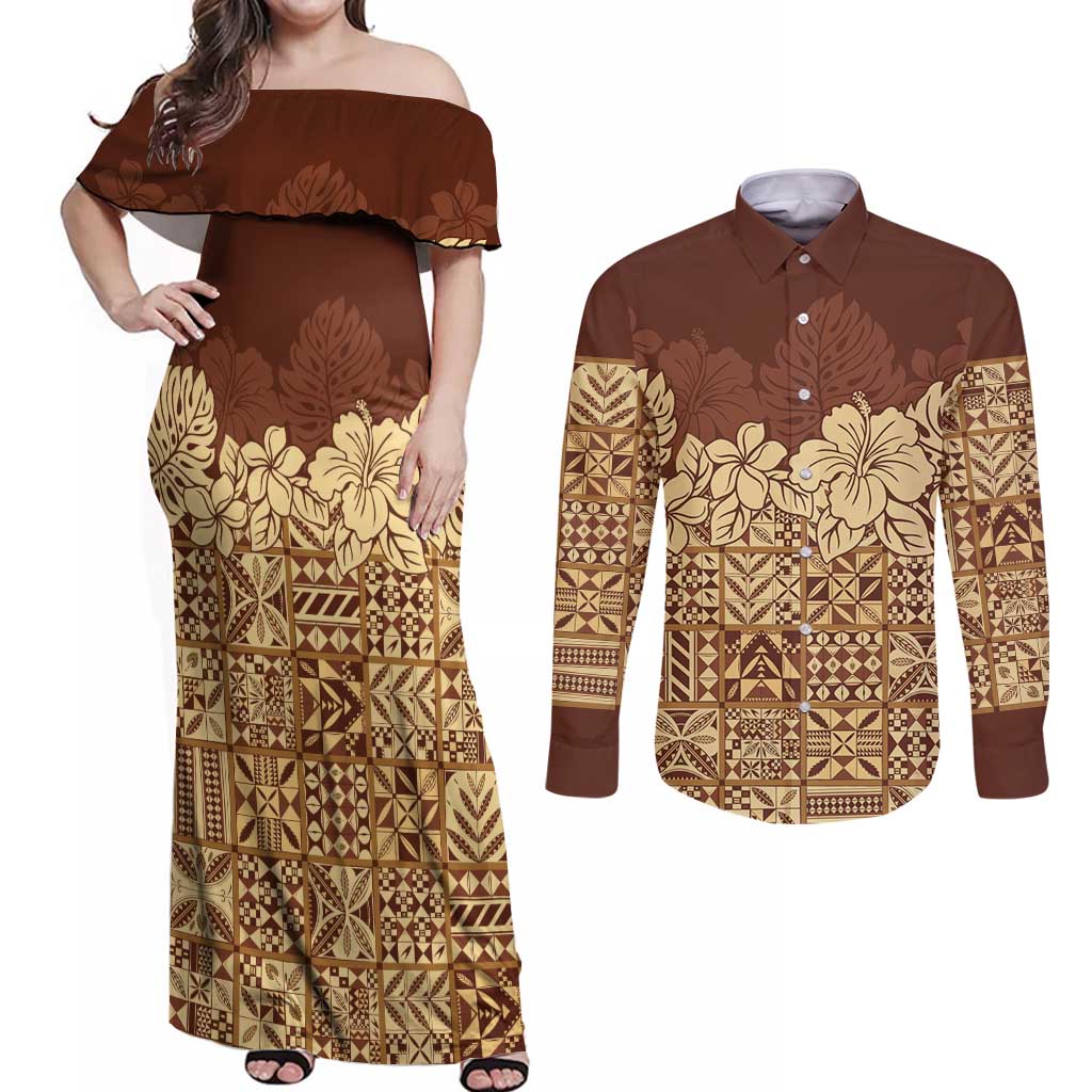 Niue Hiapo Motif Couples Matching Off Shoulder Maxi Dress and Long Sleeve Button Shirt Tapa Classic LT7 Beige - Polynesian Pride