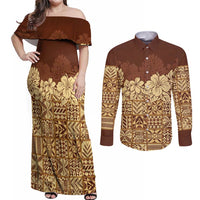 Niue Hiapo Motif Couples Matching Off Shoulder Maxi Dress and Long Sleeve Button Shirt Tapa Classic LT7 Beige - Polynesian Pride