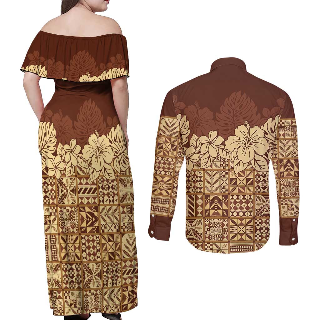 Niue Hiapo Motif Couples Matching Off Shoulder Maxi Dress and Long Sleeve Button Shirt Tapa Classic LT7 - Polynesian Pride