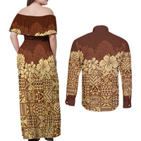 Niue Hiapo Motif Couples Matching Off Shoulder Maxi Dress and Long Sleeve Button Shirt Tapa Classic LT7 - Polynesian Pride