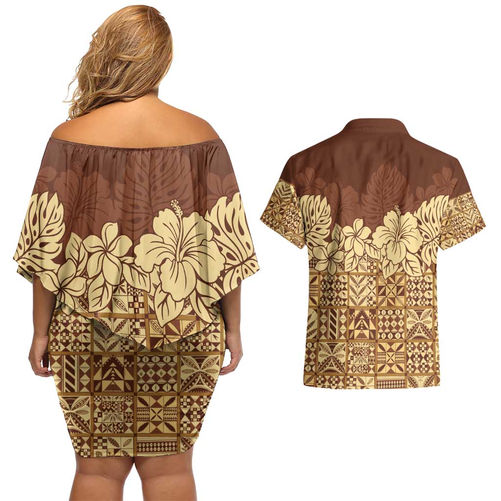 Niue Hiapo Motif Couples Matching Off Shoulder Short Dress and Hawaiian Shirt Tapa Classic LT7 - Polynesian Pride