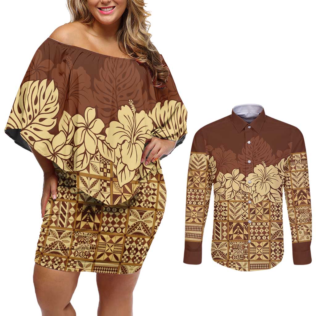 Niue Hiapo Motif Couples Matching Off Shoulder Short Dress and Long Sleeve Button Shirt Tapa Classic LT7 Beige - Polynesian Pride