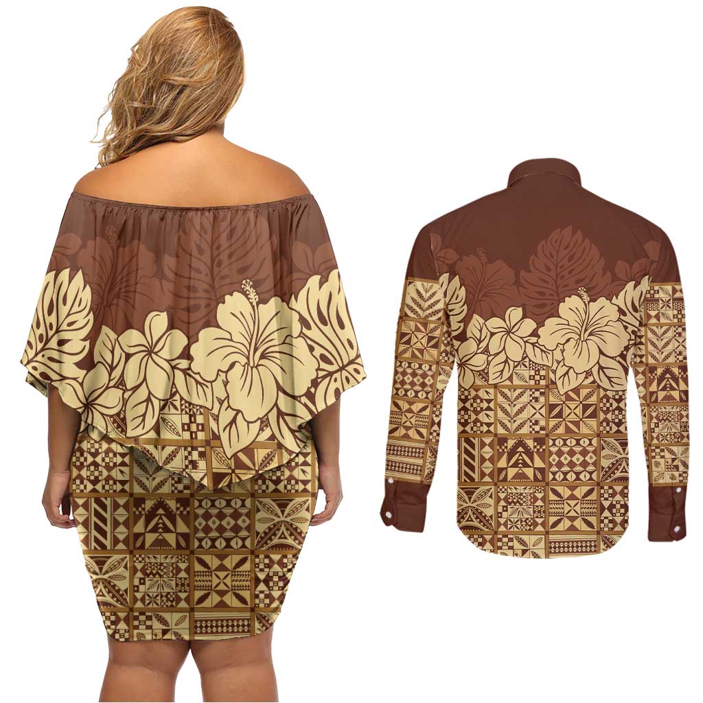 Niue Hiapo Motif Couples Matching Off Shoulder Short Dress and Long Sleeve Button Shirt Tapa Classic LT7 - Polynesian Pride