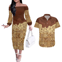 Niue Hiapo Motif Couples Matching Off The Shoulder Long Sleeve Dress and Hawaiian Shirt Tapa Classic LT7 Beige - Polynesian Pride