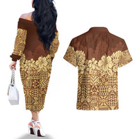 Niue Hiapo Motif Couples Matching Off The Shoulder Long Sleeve Dress and Hawaiian Shirt Tapa Classic LT7 - Polynesian Pride