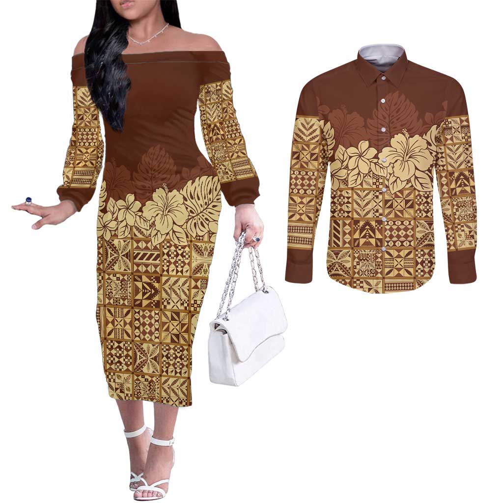 Niue Hiapo Motif Couples Matching Off The Shoulder Long Sleeve Dress and Long Sleeve Button Shirt Tapa Classic LT7 Beige - Polynesian Pride