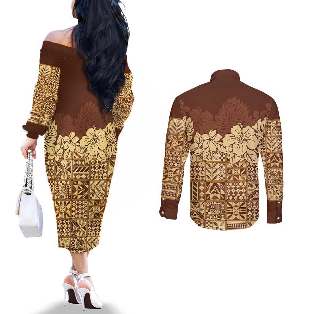 Niue Hiapo Motif Couples Matching Off The Shoulder Long Sleeve Dress and Long Sleeve Button Shirt Tapa Classic LT7 - Polynesian Pride
