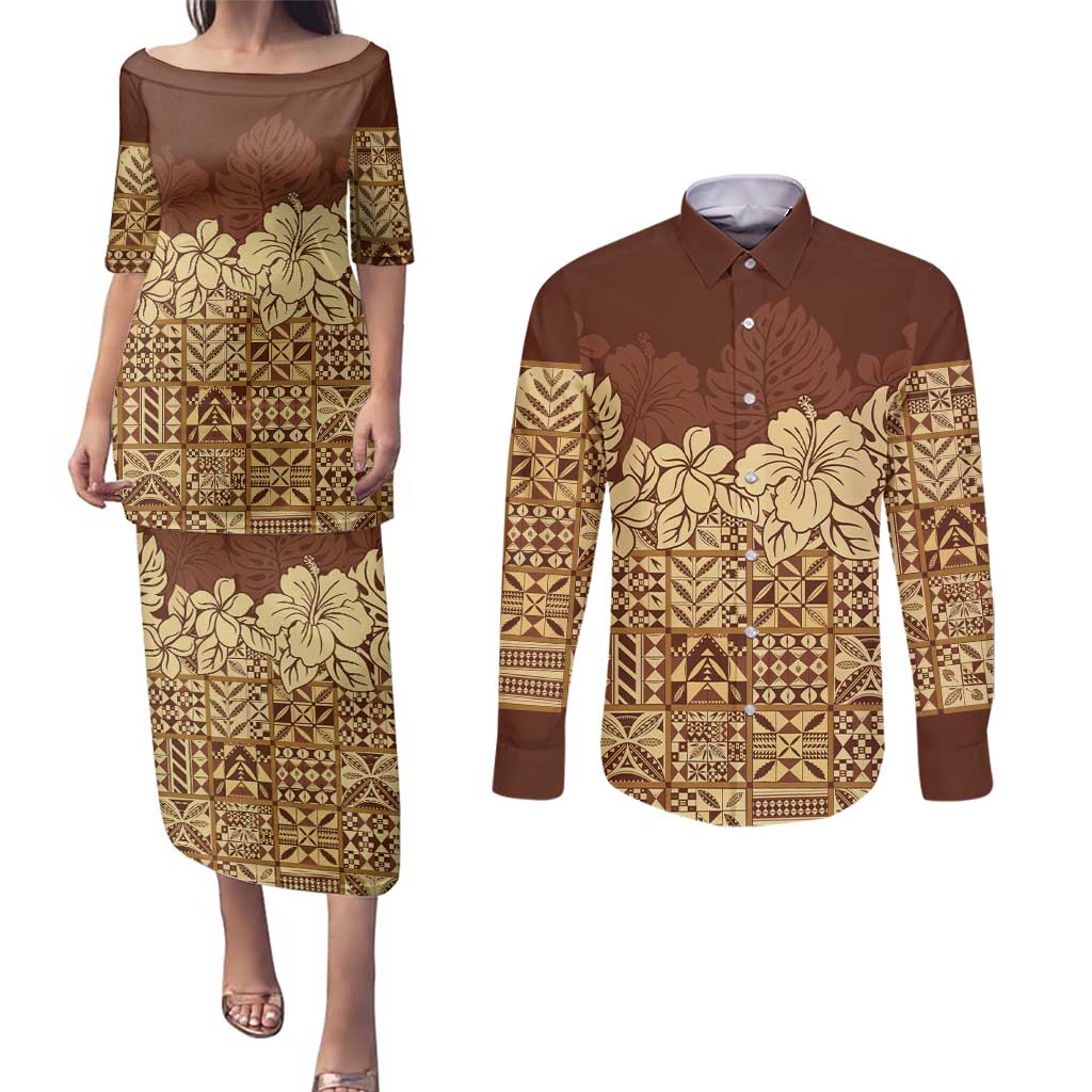 Niue Hiapo Motif Couples Matching Puletasi and Long Sleeve Button Shirt Tapa Classic LT7 Beige - Polynesian Pride