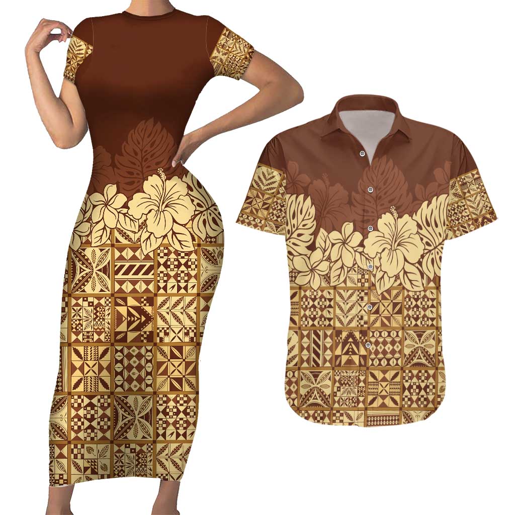 Niue Hiapo Motif Couples Matching Short Sleeve Bodycon Dress and Hawaiian Shirt Tapa Classic LT7 Beige - Polynesian Pride