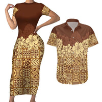 Niue Hiapo Motif Couples Matching Short Sleeve Bodycon Dress and Hawaiian Shirt Tapa Classic LT7 Beige - Polynesian Pride
