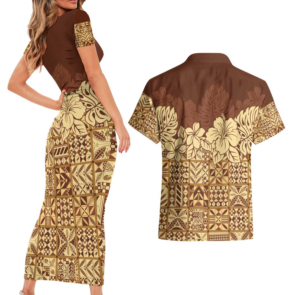 Niue Hiapo Motif Couples Matching Short Sleeve Bodycon Dress and Hawaiian Shirt Tapa Classic LT7 - Polynesian Pride