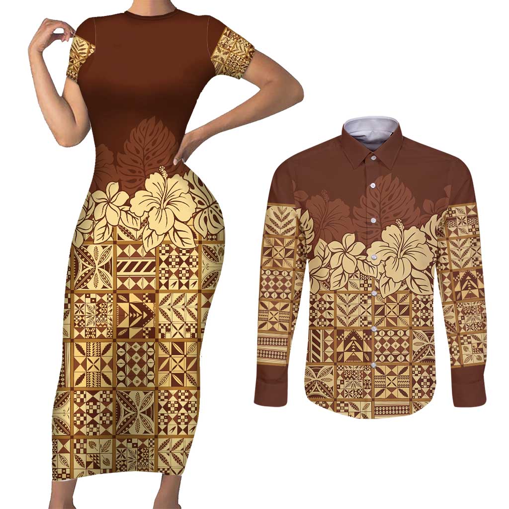 Niue Hiapo Motif Couples Matching Short Sleeve Bodycon Dress and Long Sleeve Button Shirt Tapa Classic LT7 Beige - Polynesian Pride