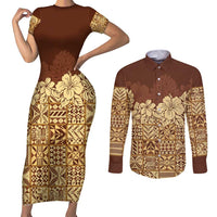 Niue Hiapo Motif Couples Matching Short Sleeve Bodycon Dress and Long Sleeve Button Shirt Tapa Classic LT7 Beige - Polynesian Pride