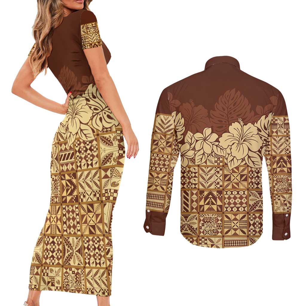 Niue Hiapo Motif Couples Matching Short Sleeve Bodycon Dress and Long Sleeve Button Shirt Tapa Classic LT7 - Polynesian Pride