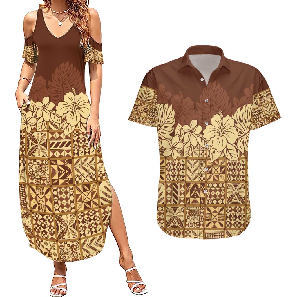 Niue Hiapo Motif Couples Matching Summer Maxi Dress and Hawaiian Shirt Tapa Classic LT7 Beige - Polynesian Pride