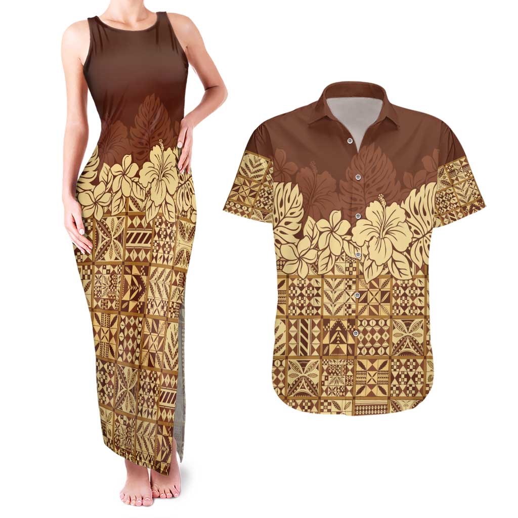 Niue Hiapo Motif Couples Matching Tank Maxi Dress and Hawaiian Shirt Tapa Classic LT7 Beige - Polynesian Pride