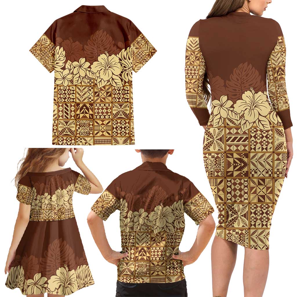 Niue Hiapo Motif Family Matching Long Sleeve Bodycon Dress and Hawaiian Shirt Tapa Classic LT7 - Polynesian Pride