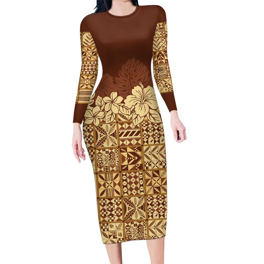 Niue Hiapo Motif Family Matching Long Sleeve Bodycon Dress and Hawaiian Shirt Tapa Classic LT7 Mom's Dress Beige - Polynesian Pride