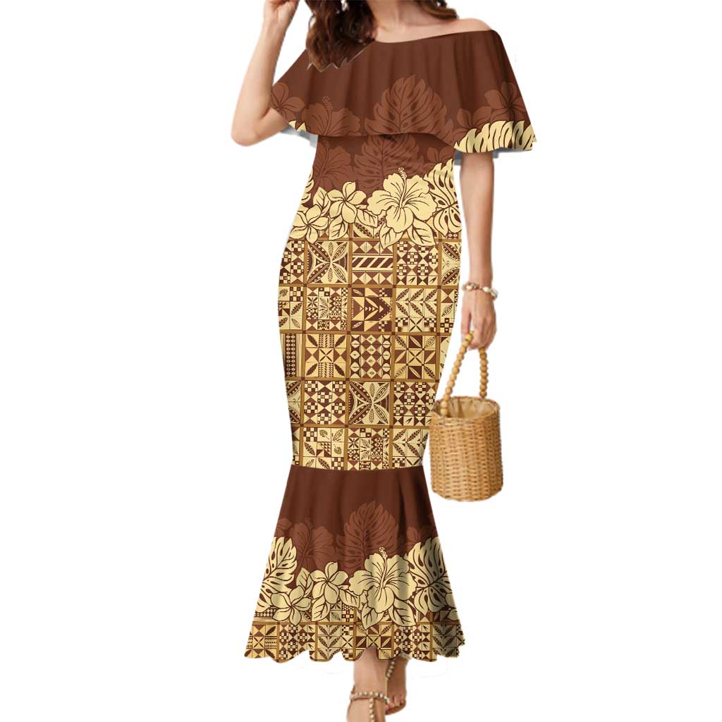 Niue Hiapo Motif Family Matching Mermaid Dress and Hawaiian Shirt Tapa Classic LT7 Mom's Dress Beige - Polynesian Pride