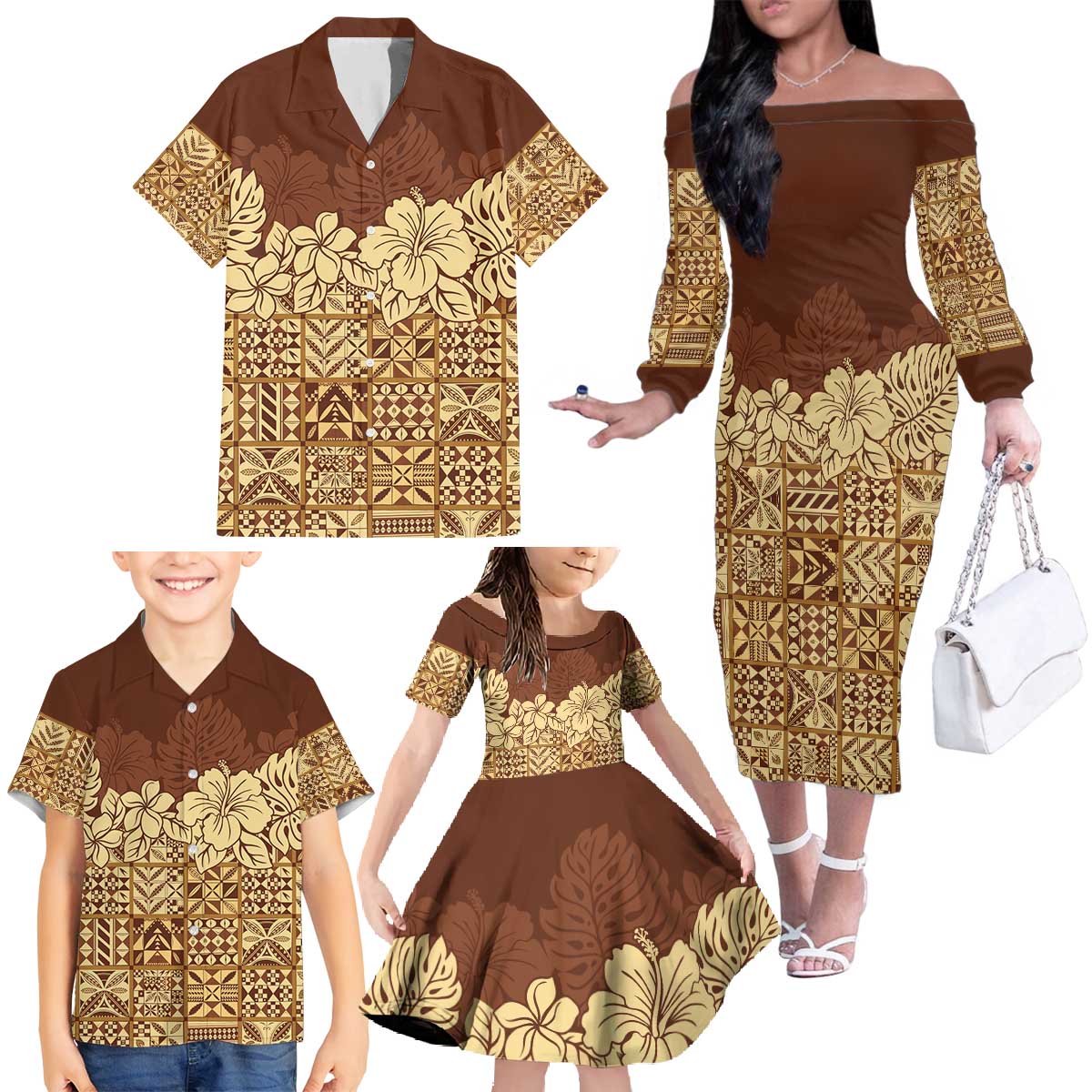 Niue Hiapo Motif Family Matching Off The Shoulder Long Sleeve Dress and Hawaiian Shirt Tapa Classic LT7 - Polynesian Pride