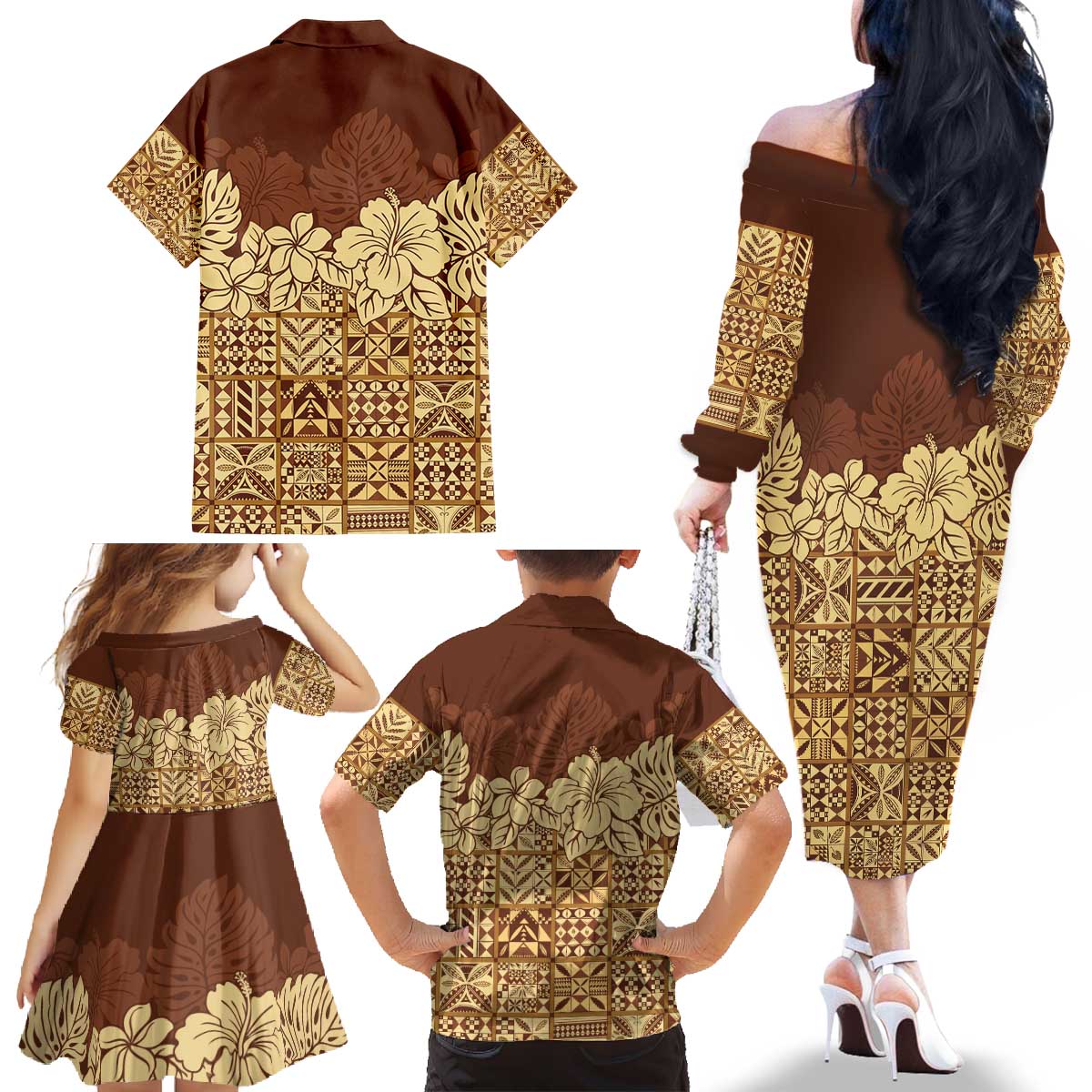 Niue Hiapo Motif Family Matching Off The Shoulder Long Sleeve Dress and Hawaiian Shirt Tapa Classic LT7 - Polynesian Pride