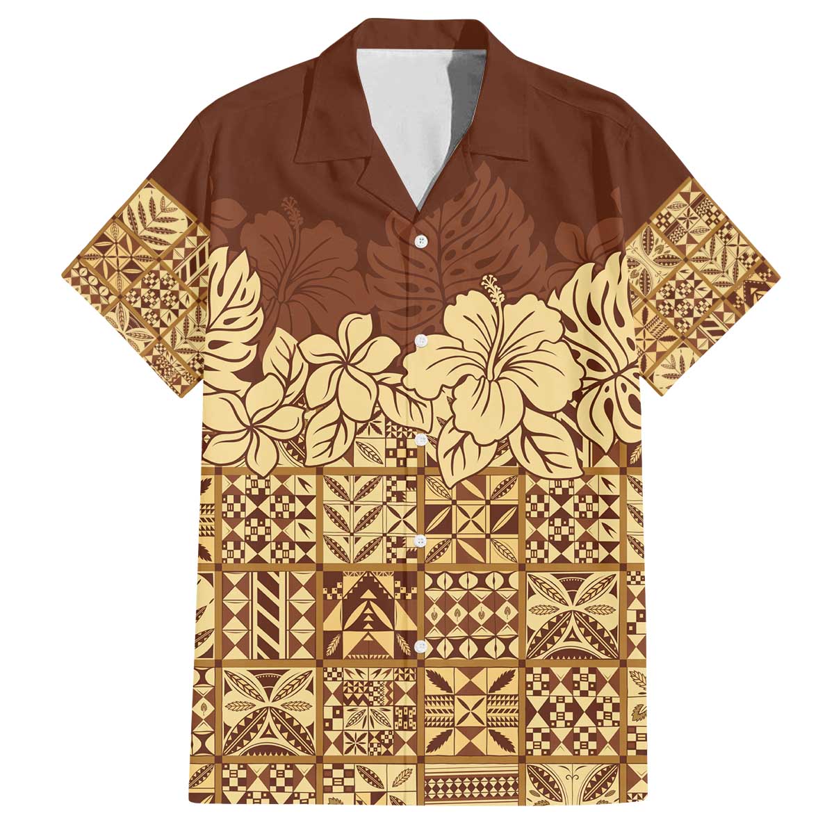 Niue Hiapo Motif Family Matching Off The Shoulder Long Sleeve Dress and Hawaiian Shirt Tapa Classic LT7 Dad's Shirt - Short Sleeve Beige - Polynesian Pride