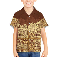 Niue Hiapo Motif Family Matching Off The Shoulder Long Sleeve Dress and Hawaiian Shirt Tapa Classic LT7 Son's Shirt Beige - Polynesian Pride