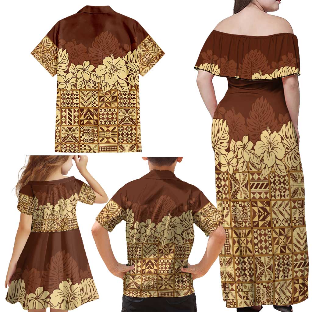 Niue Hiapo Motif Family Matching Off Shoulder Maxi Dress and Hawaiian Shirt Tapa Classic LT7 - Polynesian Pride