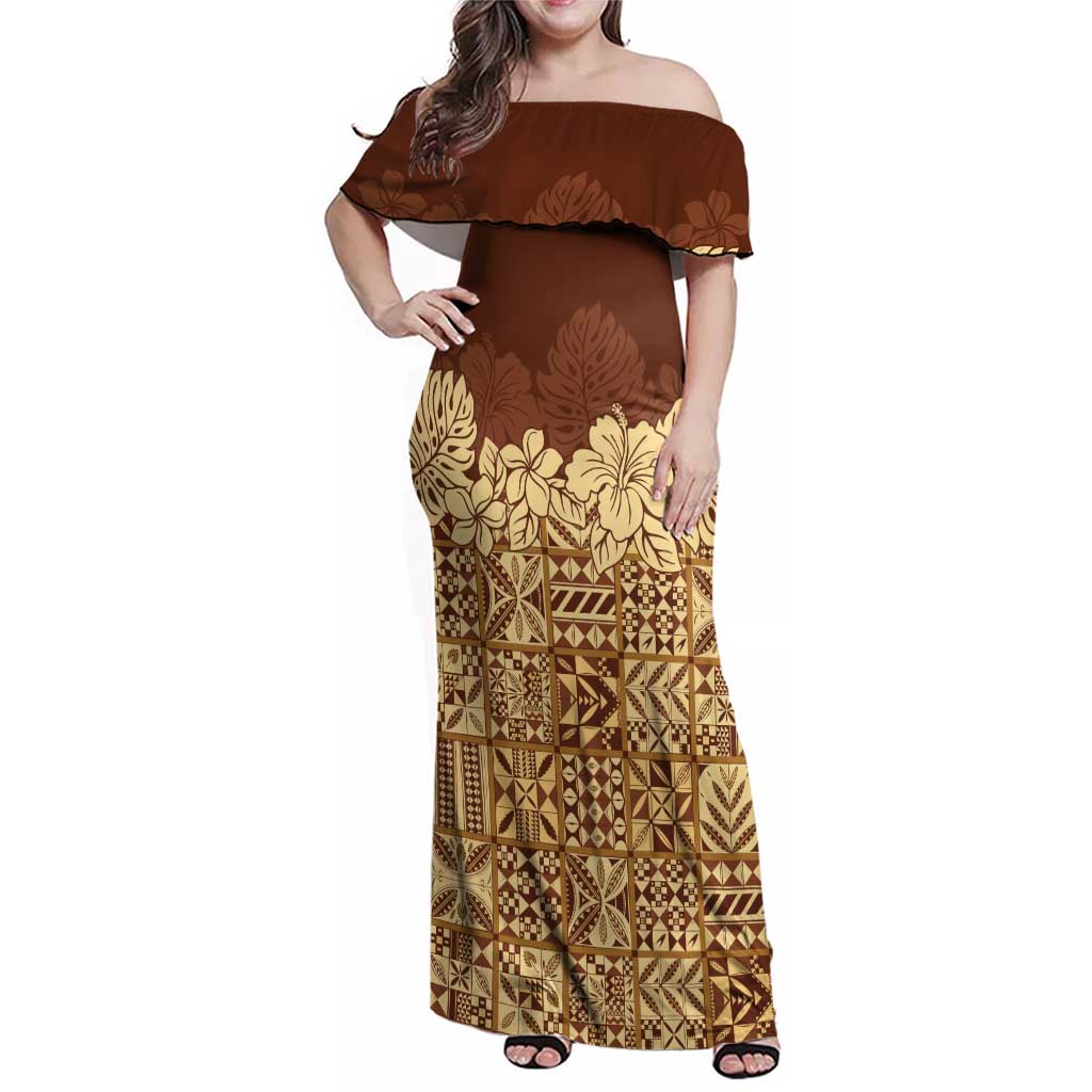 Niue Hiapo Motif Family Matching Off Shoulder Maxi Dress and Hawaiian Shirt Tapa Classic LT7 Mom's Dress Beige - Polynesian Pride