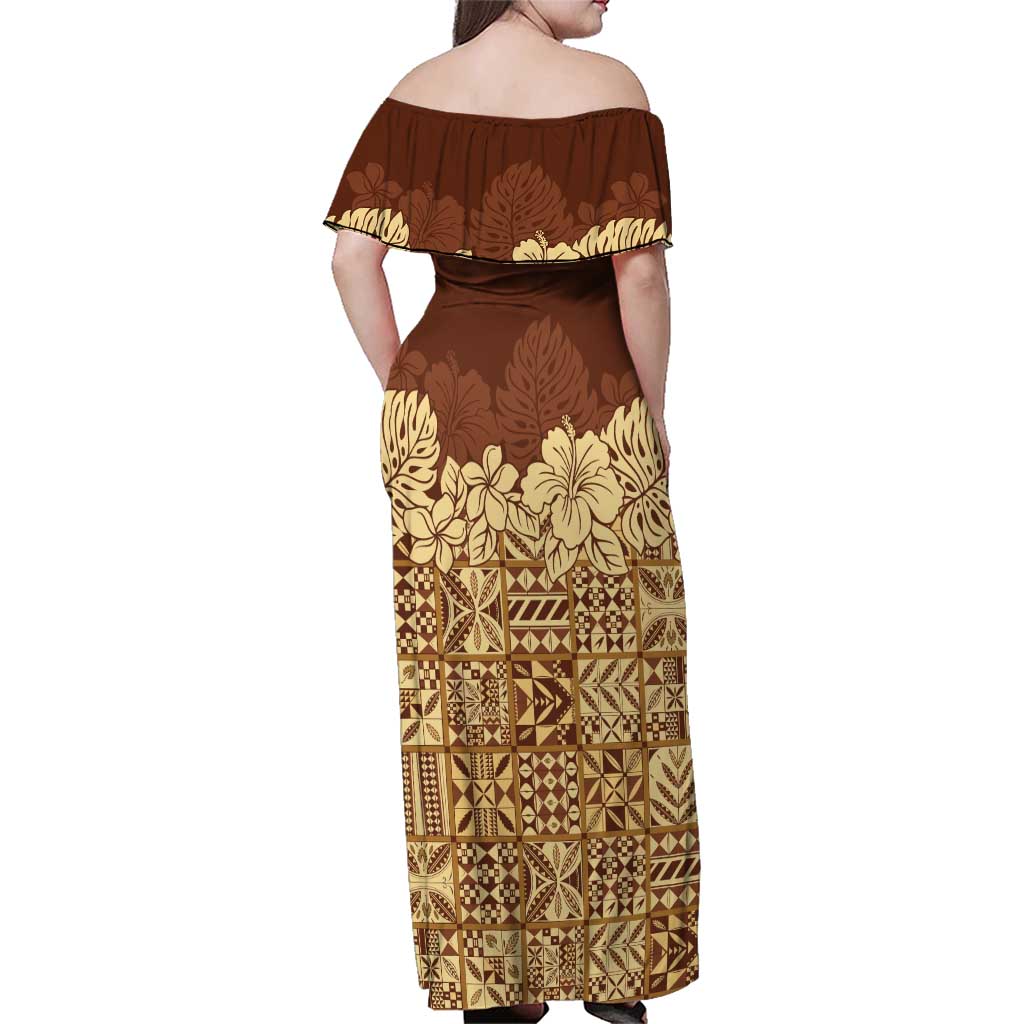 Niue Hiapo Motif Family Matching Off Shoulder Maxi Dress and Hawaiian Shirt Tapa Classic LT7 - Polynesian Pride